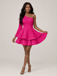 Puffy One Shoulder Sequin Tiered Mini Dress