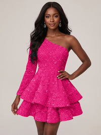 Hot Pink One Shouler Sequin Homecoming Dress with Long Sleeve Sparkly Puffy Tiered Mini Prom Dress Cocktail Party Gown