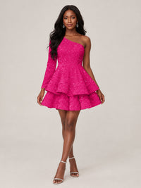 Puffy One Shoulder Sequin Tiered Mini Dress