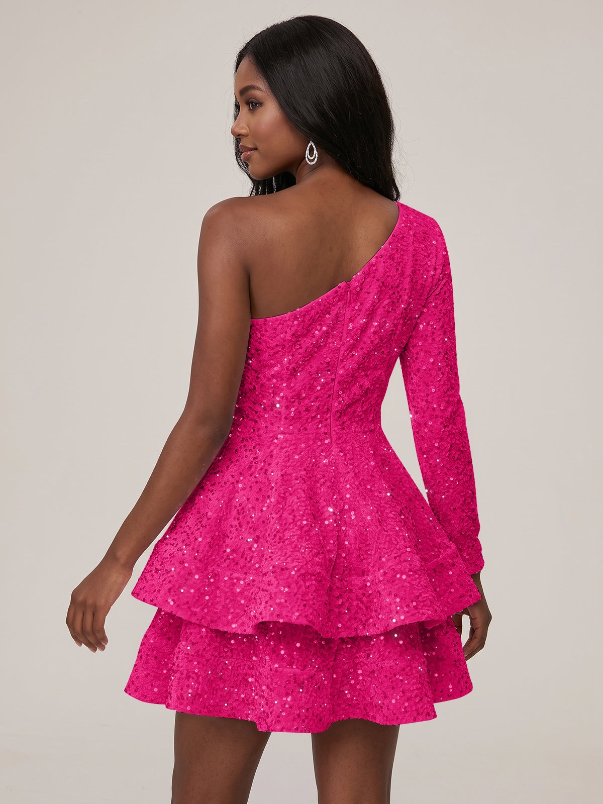 Puffy One Shoulder Sequin Tiered Mini Dress