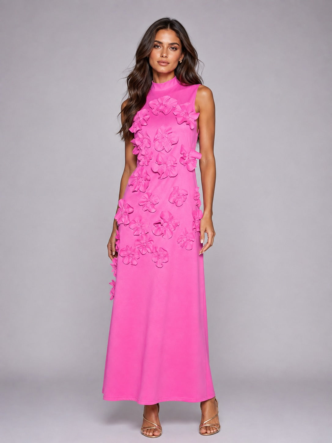 Hot Pink 3D Floral Appliqué High-Neck Maxi Dress