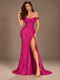 Off the Shoulder Corset Sequin Mermaid Prom Dress with Slit