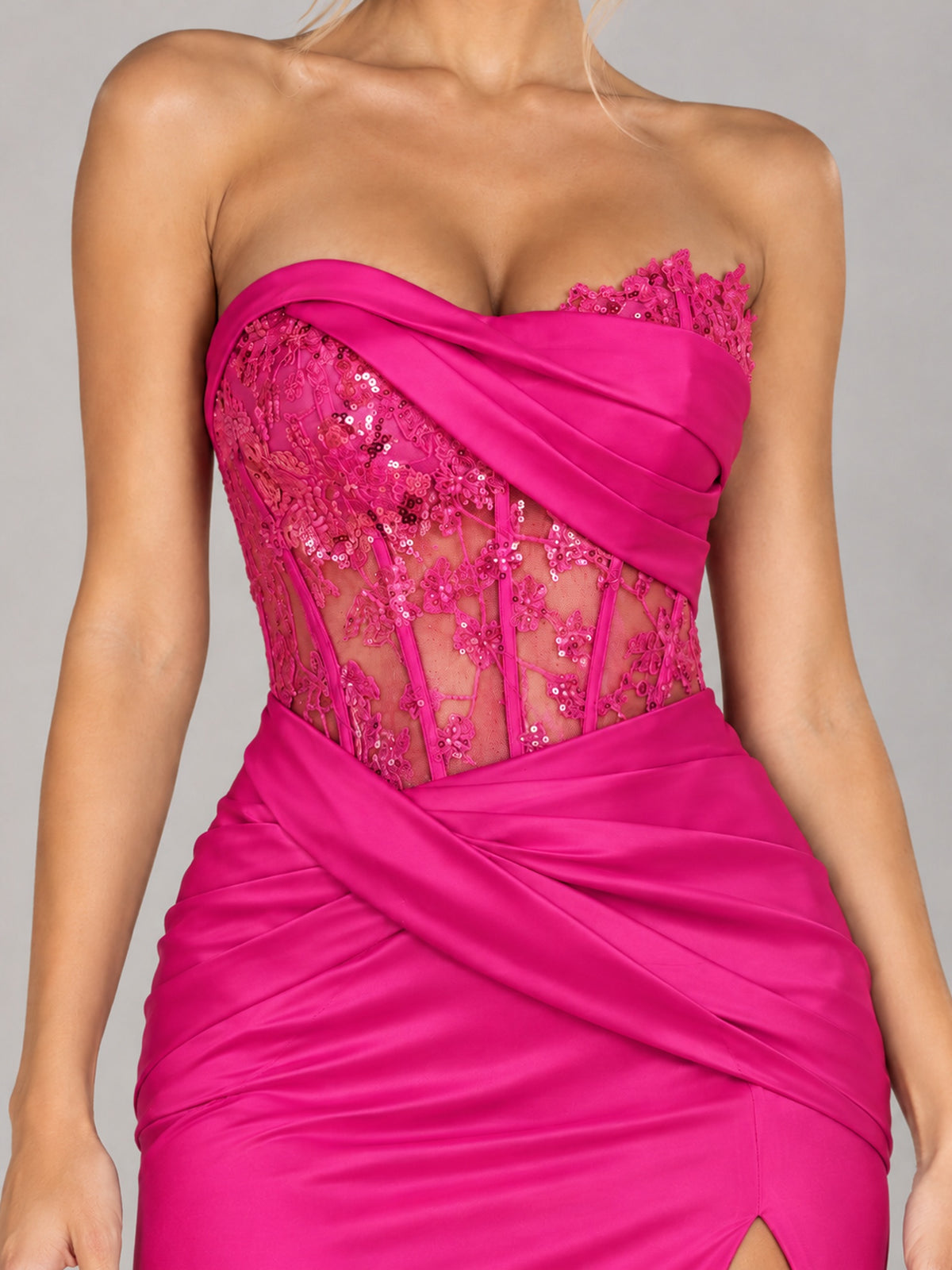 Strapless Satin Prom Dress with Sheer Lace Corset & High Slit