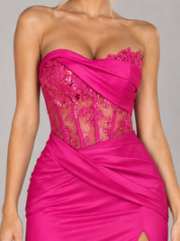 Strapless Satin Prom Dress with Sheer Lace Corset & High Slit