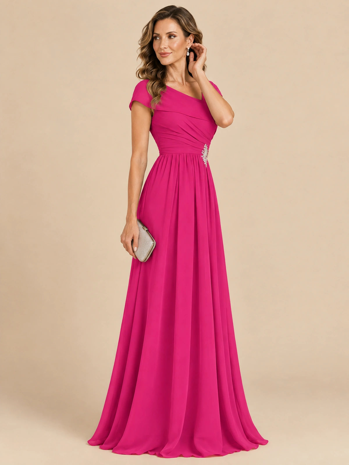 Cap Sleeve Mother of The Bride Dresses Long Chiffon Formal Gowns