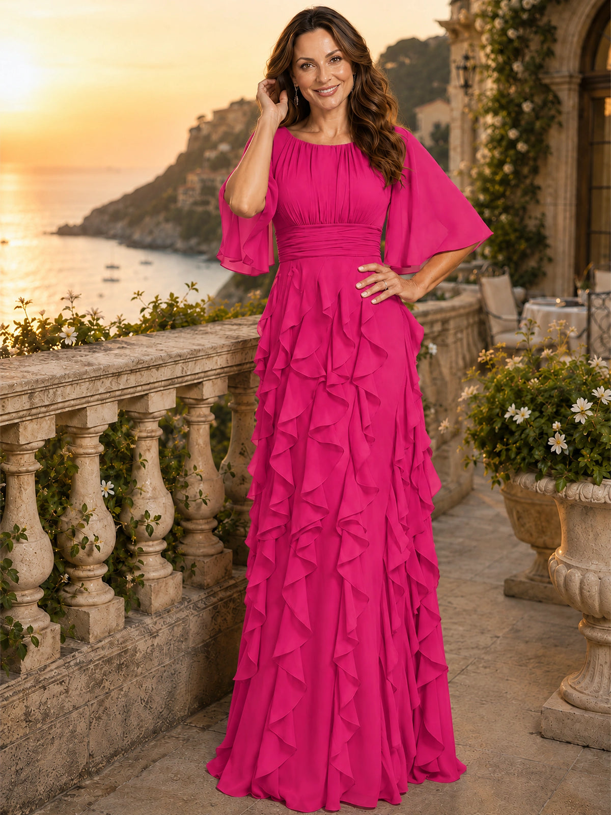 Elegant Chiffon Mother of the Bride Dress with Flutter Sleeves and Ruffle Skirt