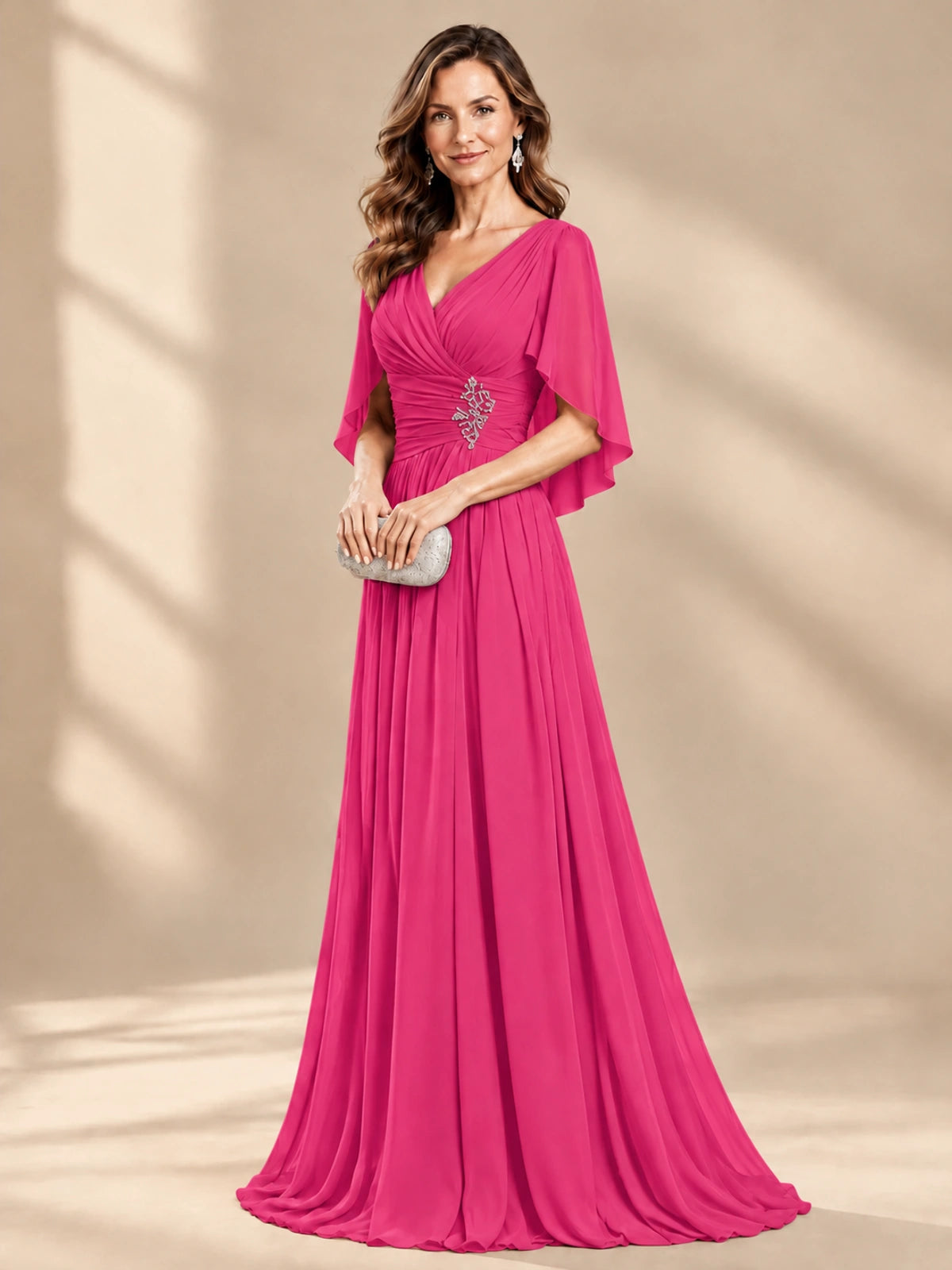 Ruched V Neck Mother of The Bride Dresses with Shawls Appliques and Cap Sleeves