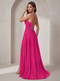 Sparkly Cowl Neck Corset Long Prom Dress with Slit A-line Tulle Ball Gown