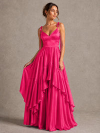 Lavender Satin V-Neck Ruffle Maxi Dress