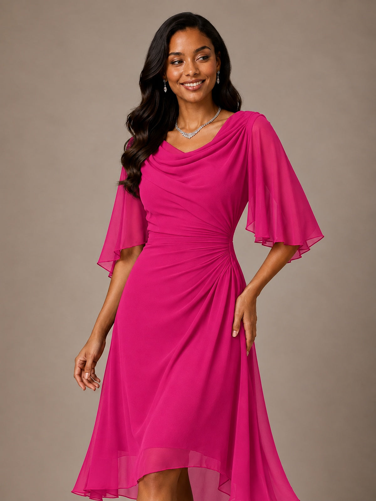 Cowl Neck Ruched Chiffon Mother of the Bride Dresses with Flutter Sleeves