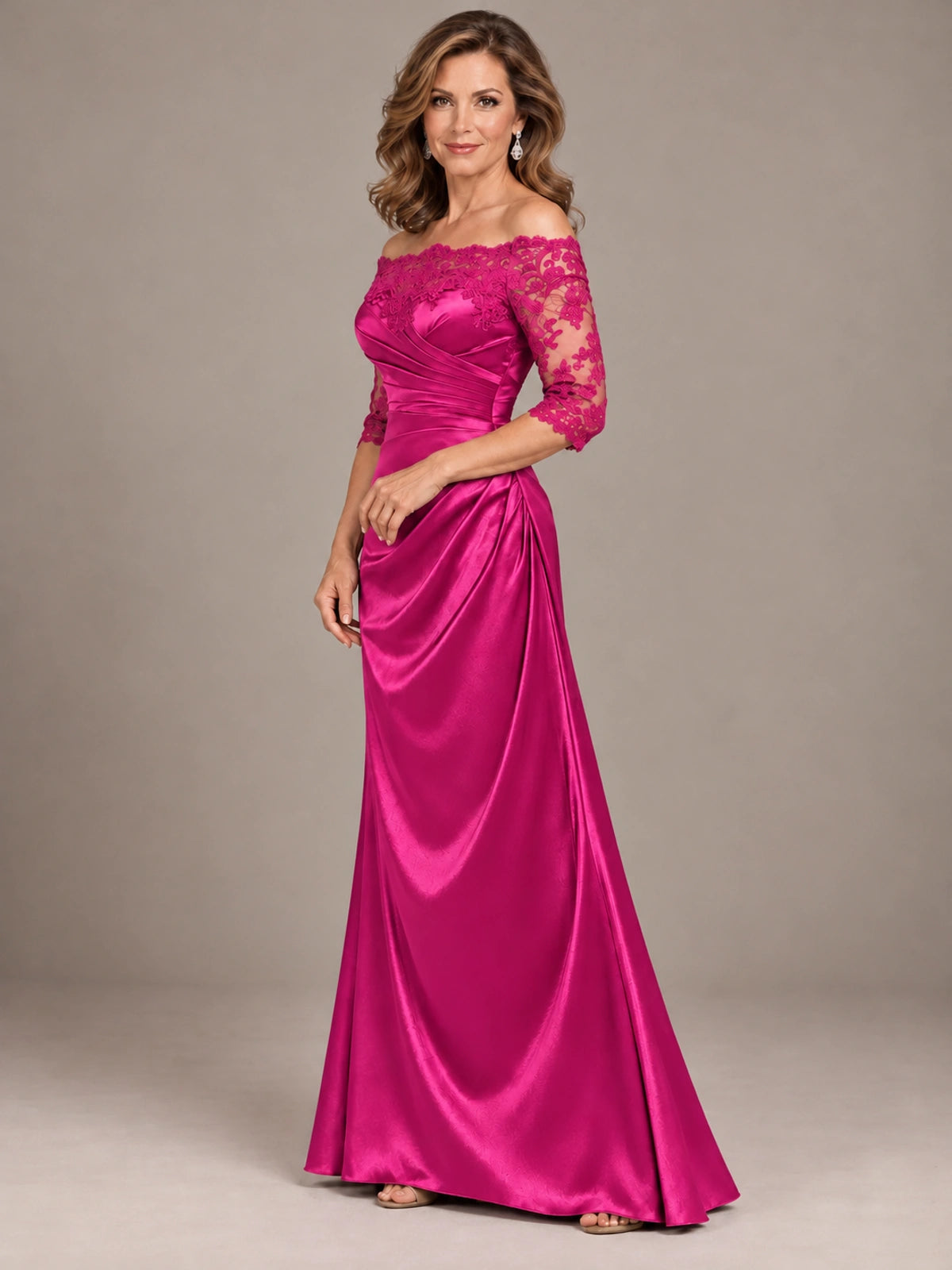 Satin Mother of the Bride Dress with Lace Sleeves Off Shoulder Formal Gown