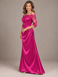 Satin Mother of the Bride Dress with Lace Sleeves Off Shoulder Formal Gown