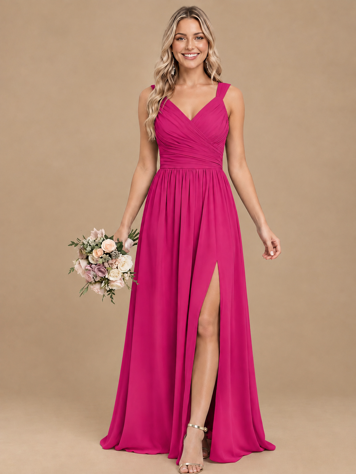 Pleated Chiffon V Neck Wedding Bridesmaid Dresses Floor Length with Slit