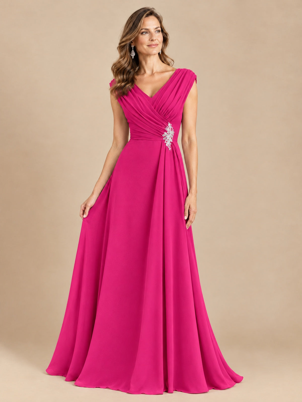 V Neck Pleated Mother of The Bride Dresses with Beading Cap Sleeves