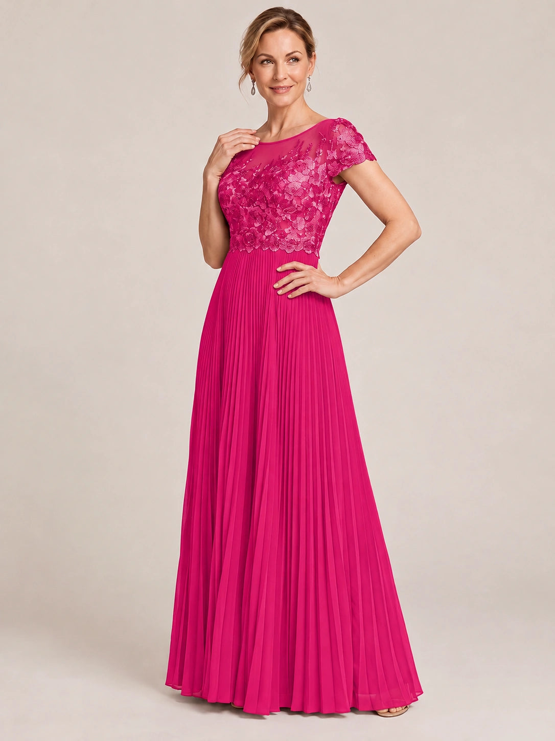 Embroidered Lace Pleated Mother of the Bride Dress
