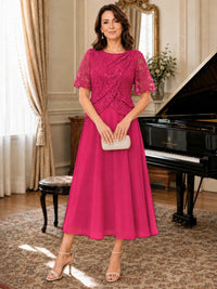 Tea-Length Chiffon Mother of the Bride Dress with Sequin Lace Sleeves