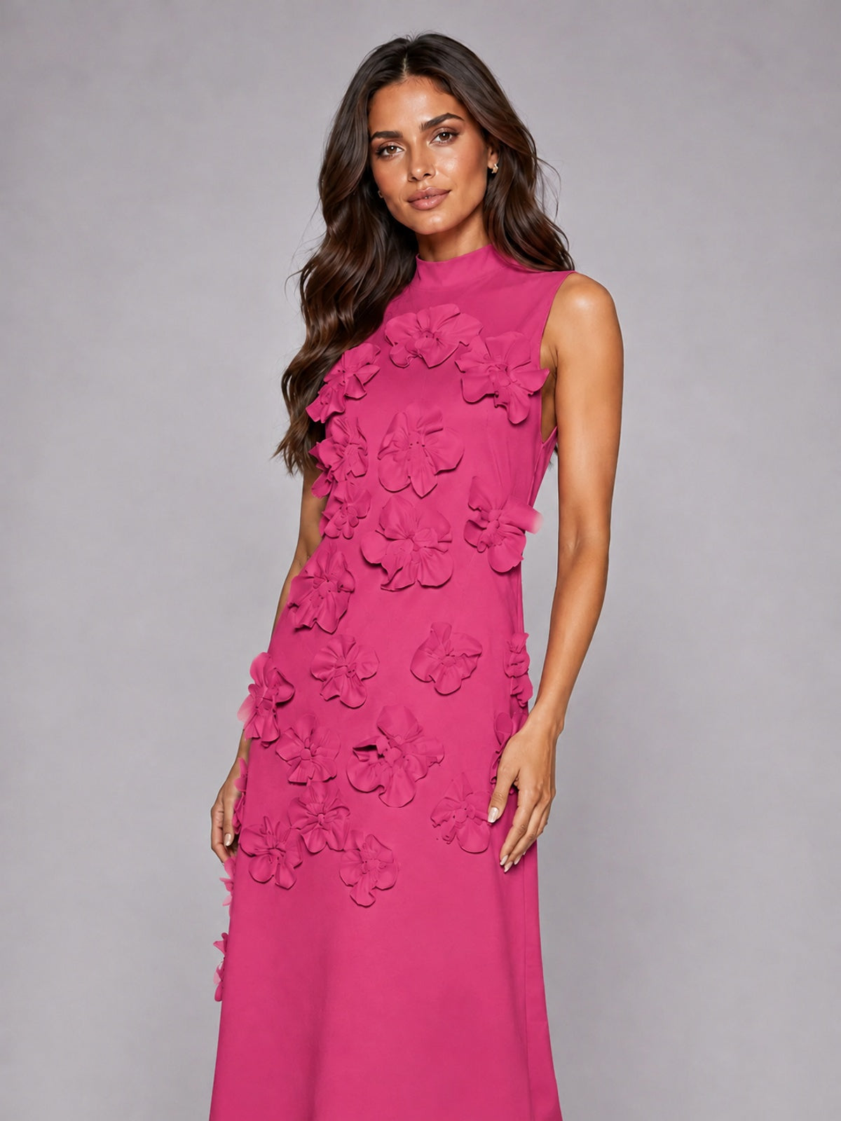 3D Floral Applique High Neck Prom Maxi Dress