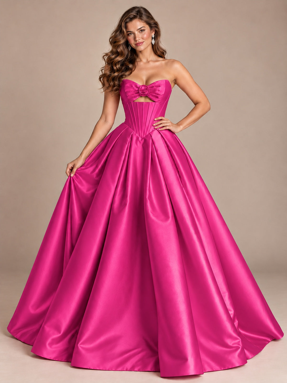 Pink Strapless Corset Satin Prom Derss & Ball Gown with 3D Floral