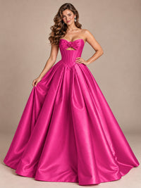 Pink Strapless Corset Satin Prom Derss & Ball Gown with 3D Floral