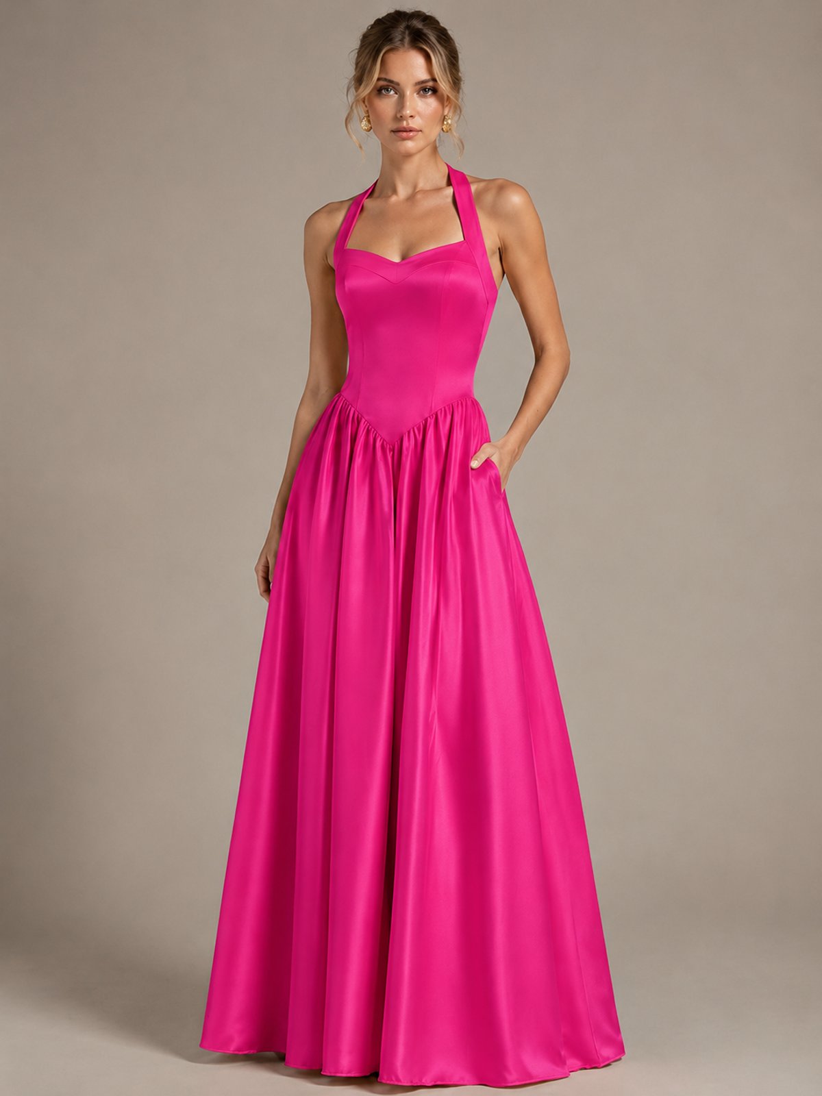 Light Yellow Halter Neck Satin A-Line Maxi Dress with Pockets