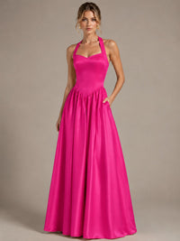 Light Yellow Halter Neck Satin A-Line Maxi Dress with Pockets