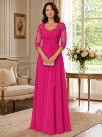 Chiffon Lace Applique Mother of the Bride Dress with 3/4 Sleeves
