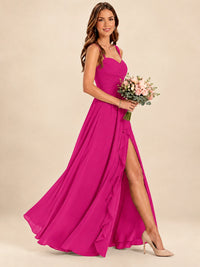 Spaghetti Straps Pleated Chiffon Bridesmaid Dress with Ruffle Slit