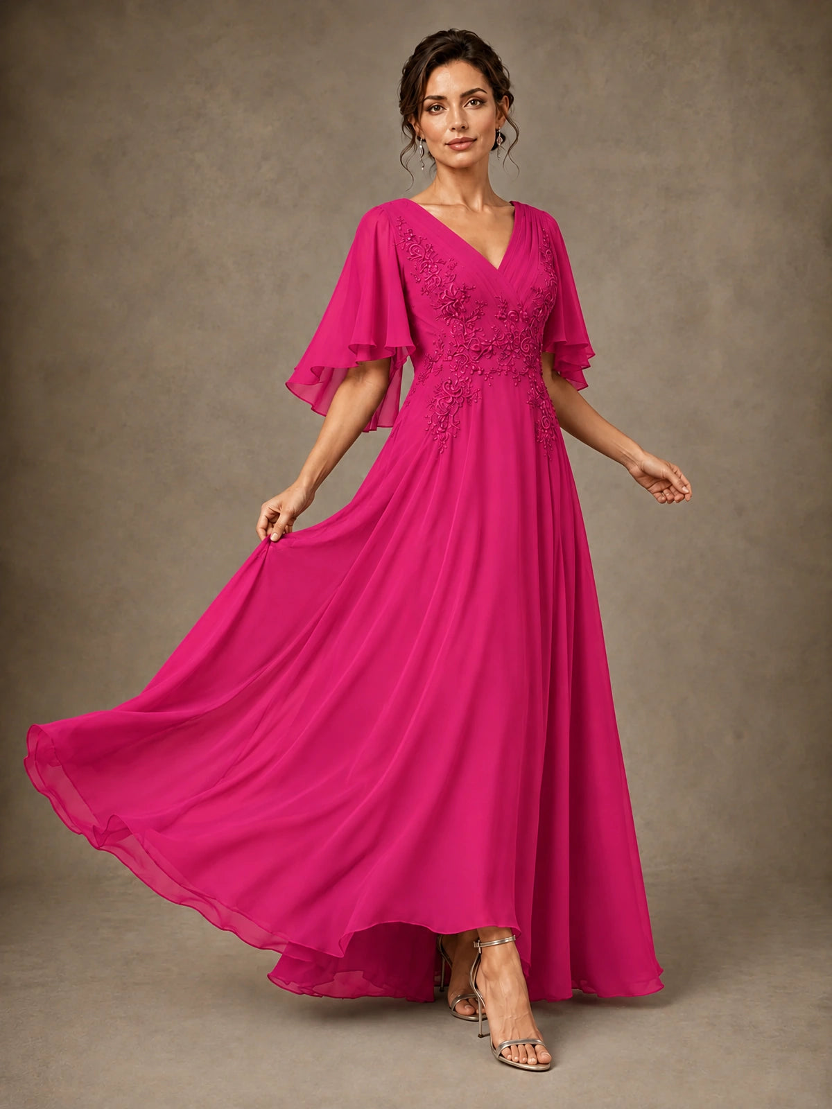 V-Neck Chiffon Lace Mother of the Bride Dress with Flutter Sleeves