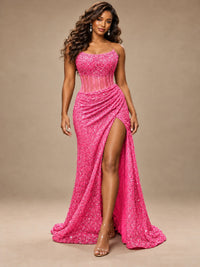 Gold Sequin Strapless Corset Prom Dress with High Slit