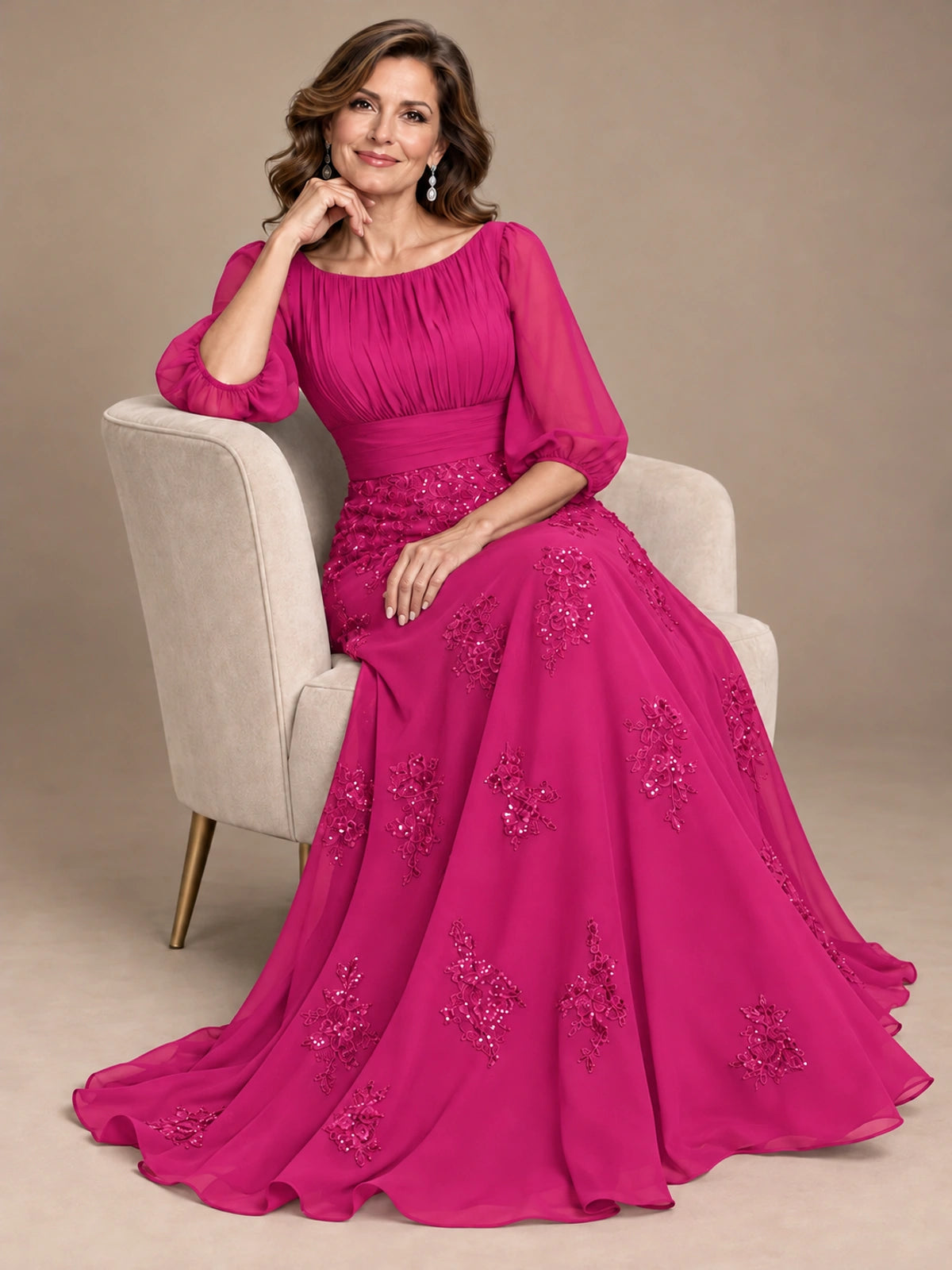 A-Line Mother of the Bride Dress with Sheer Puff Sleeves