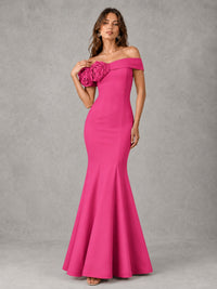 Blush Pink Off Shoulder Mermaid Bridesmaid Dress with Floral Rosette