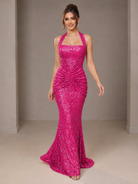 Gold Halter Sequin Mermaid Ruched Prom Dress Long Ruched Evening Gown