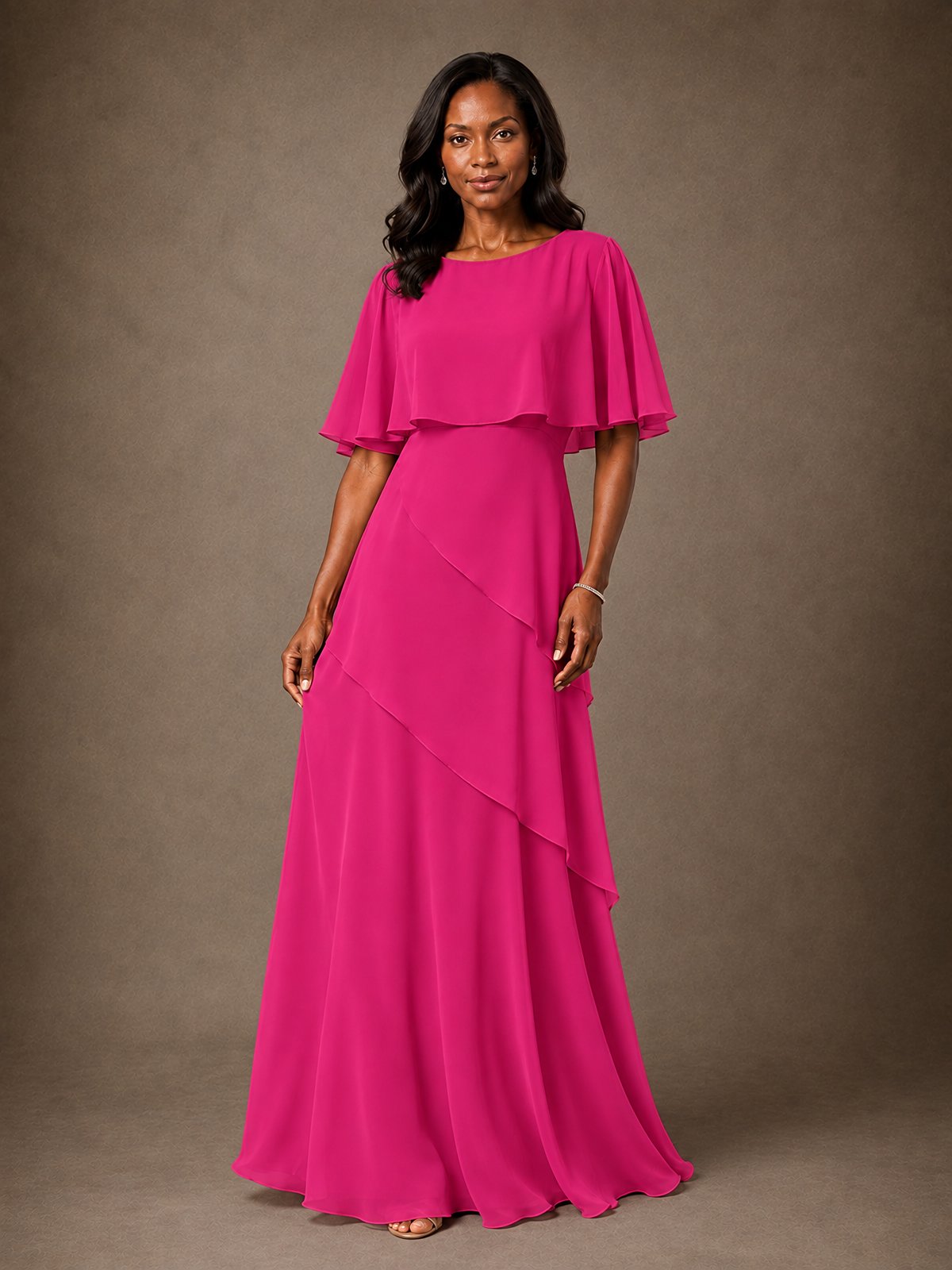 Taupe Chiffon A-Line Mother of the Bride Dress with Cape Sleeves
