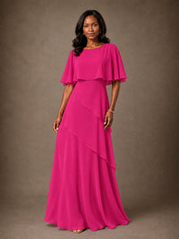 Taupe Chiffon A-Line Mother of the Bride Dress with Cape Sleeves