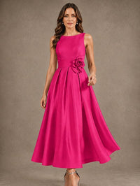 Tea-Length Satin Mother of the Bride Dress with 3D Flower Detail