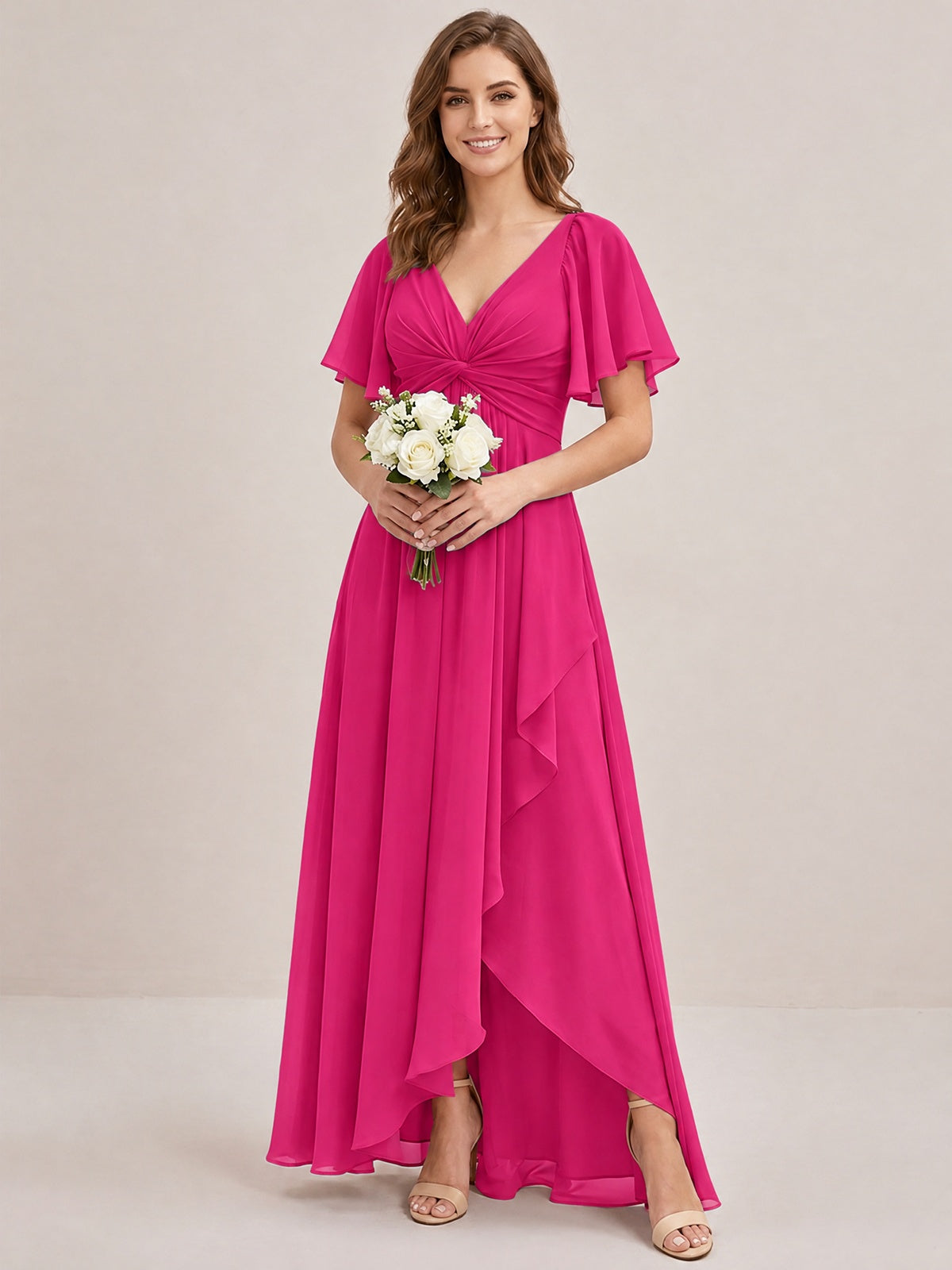 Dusty Blue Chiffon Bridesmaid Dress with Flutter Sleeves & High-Low Hem