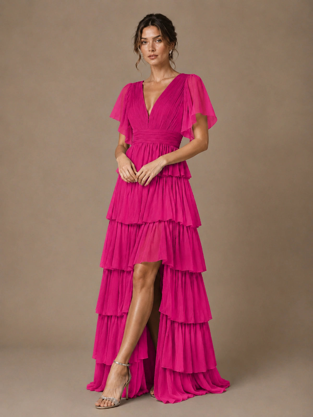 Chiffon V-Neck Tiered Ruffle Bridesmaid Dress with Slit