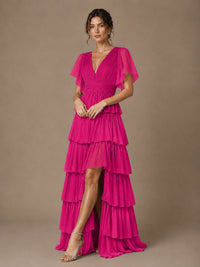 Chiffon V-Neck Tiered Ruffle Bridesmaid Dress with Slit