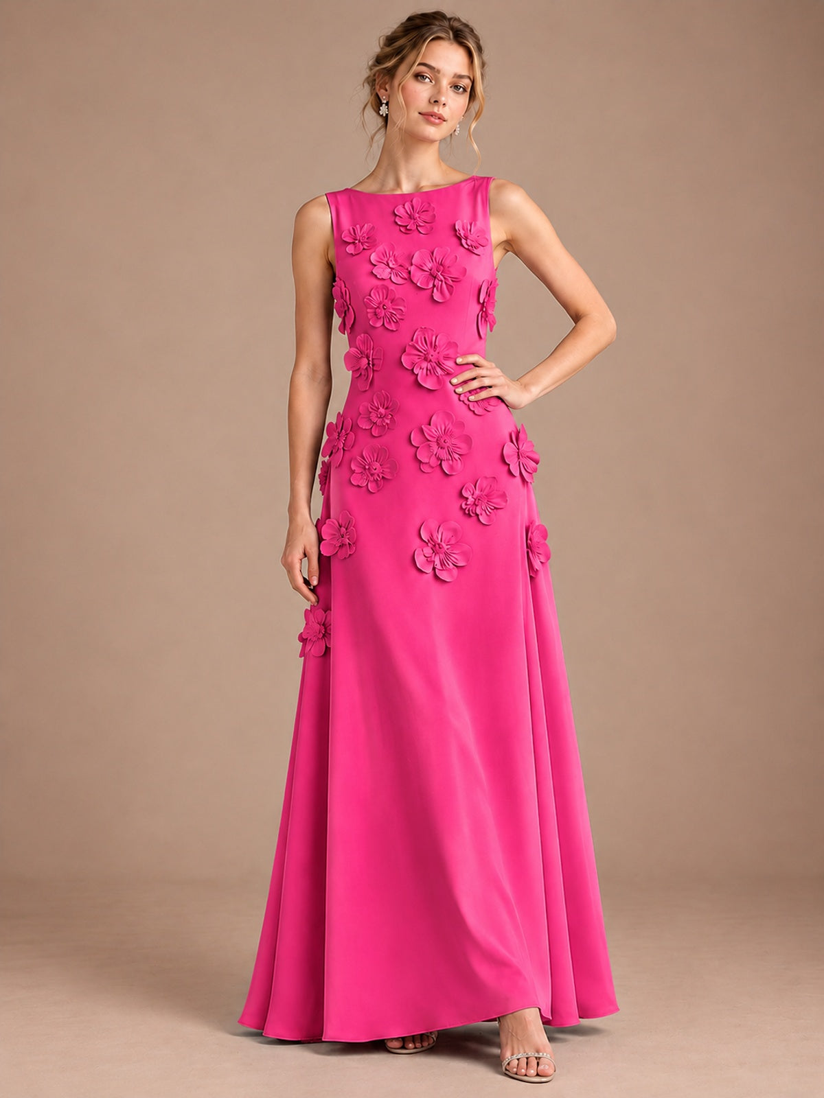 3D Floral Applique Sleeveless Formal Maxi Dress