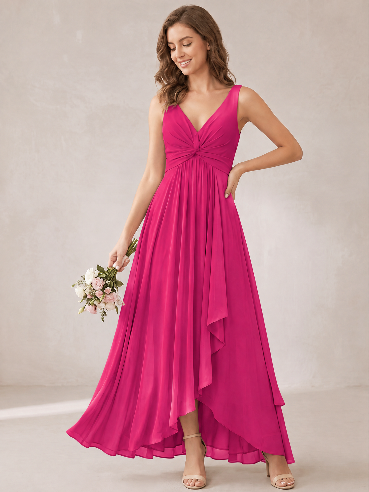 V-Neck High-Low Chiffon Bridesmaid Dress with Ruffles