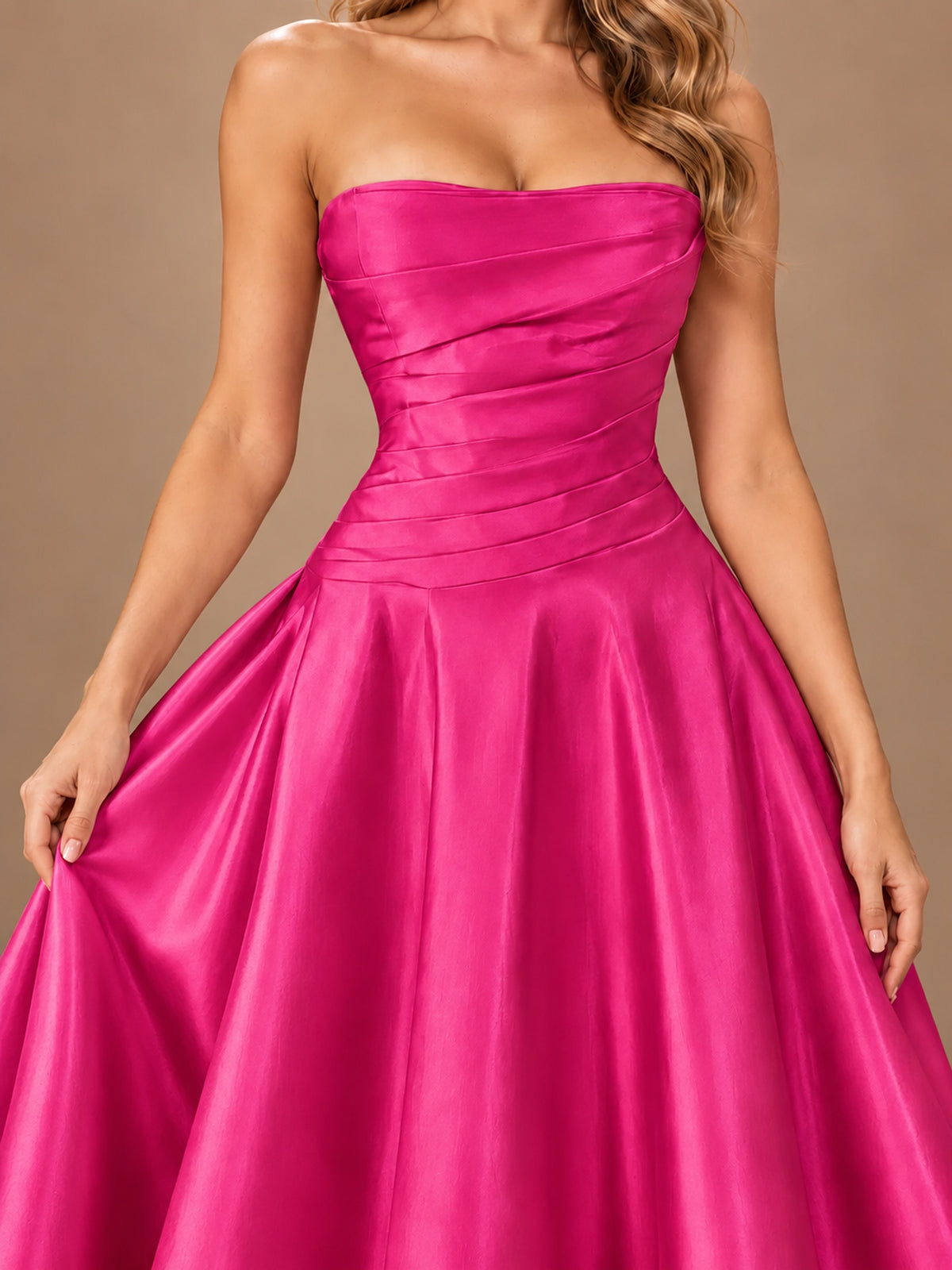 Blush Pink Strapless Satin A-Line Prom Dress with Ruched Bodice