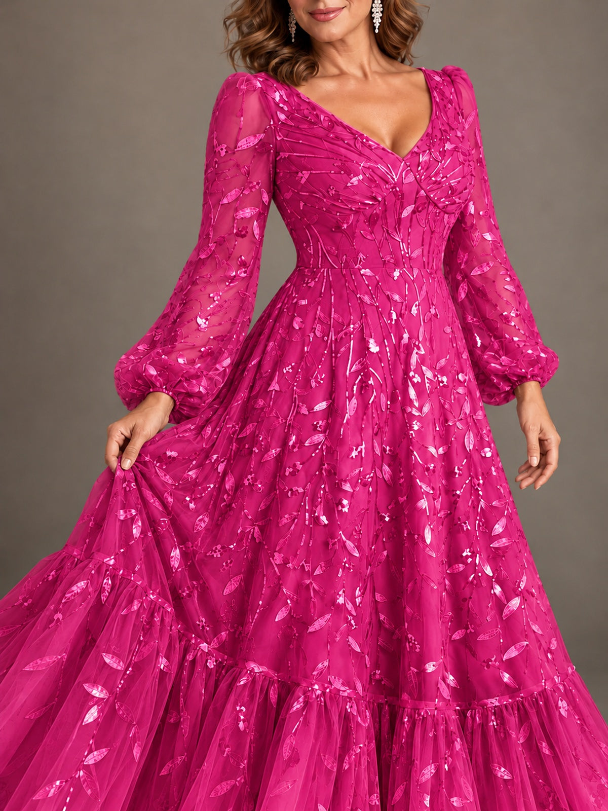 Floral Sequin Embroidered A-Line Mother of the Bride Dress with Long Sleeves