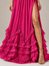 Halter V Neck Chiffon Formal Dress with Lace-Up Back and Ruffle Hem
