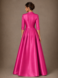 V-Neck Pleated Satin Mother of the Bride Gown with 3/4 Sleeves