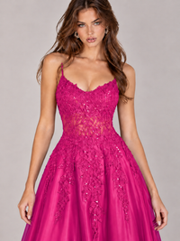 Lace Applique Satin A-Line Prom Dress with Sheer Bodice
