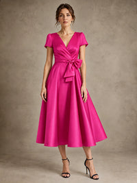 Hot Pink V-Neck Tea-Length Satin Mother of the Bride Dress with Bow Jovellee
