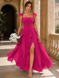 Ruffle Slit Chiffon A Line Scoop Neck Bridesmaid Dresses with Pockets