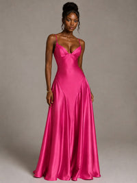 Lavender V Neck Satin Prom Dress with Spaghetti Straps