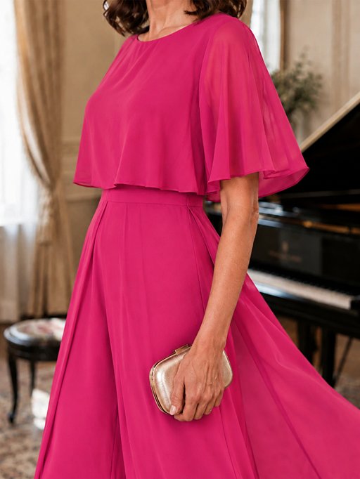 Chiffon Mother of the Bride Jumpsuit with Layered Cape Sleeves