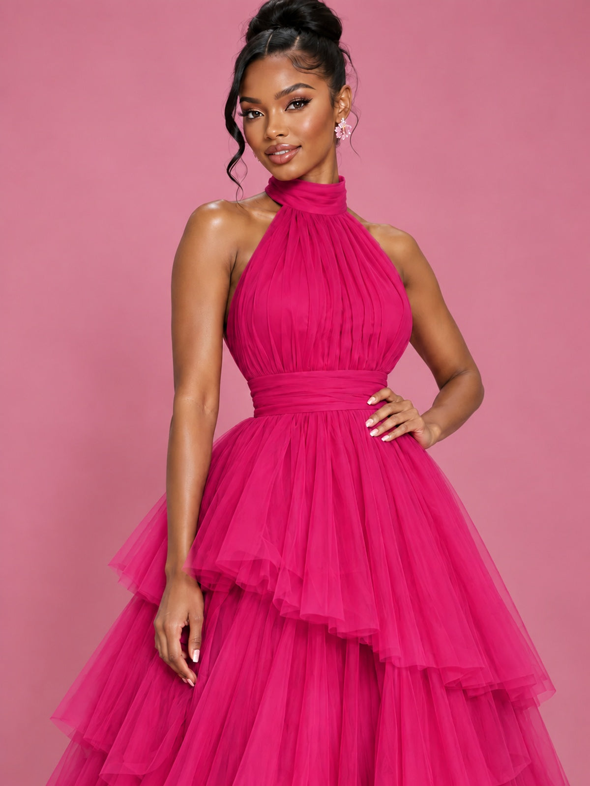 Hot Pink Tulle Halter Neck Tiered Ruffle Maxi Dress